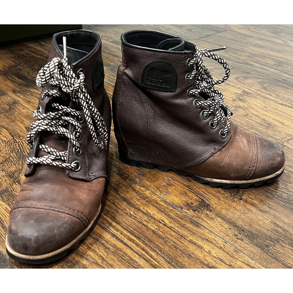 Sorel PDX Wedge Brown Leather Canvas Ankle Boot, Women's Size 8 - Picture 3 of 11